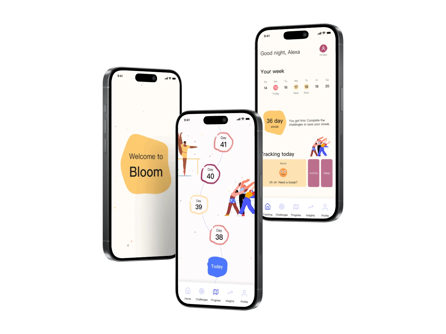 Bloom app interface on an iPhone with lavender wellness UI