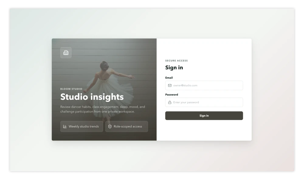 Bloom Studio secure dashboard sign-in screen